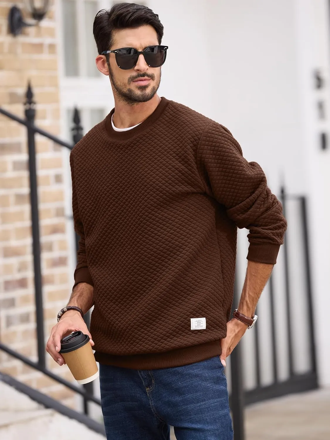 Men's Crewneck Sweatshirts Solid Color Diamond Grid Texture Long Sleeve Casual Basics Pullover Shirt