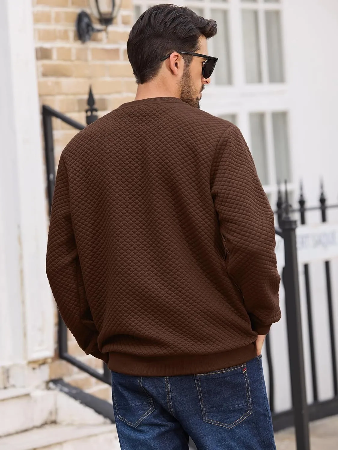 Men's Crewneck Sweatshirts Solid Color Diamond Grid Texture Long Sleeve Casual Basics Pullover Shirt