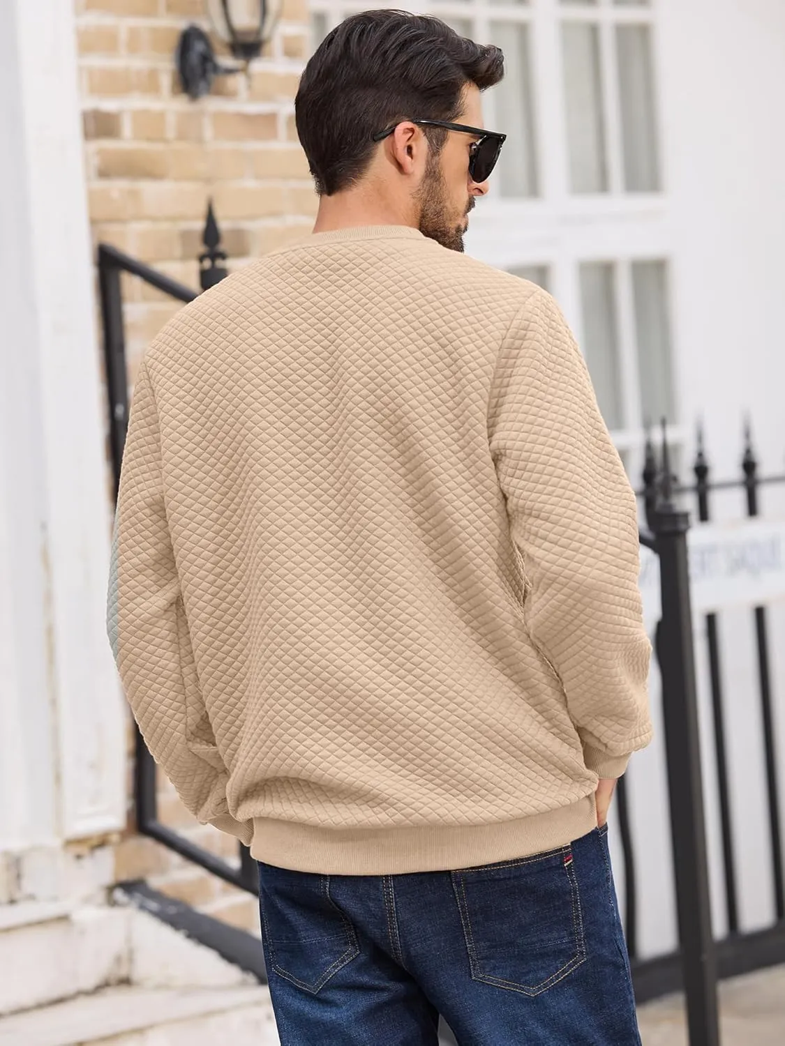 Men's Crewneck Sweatshirts Solid Color Diamond Grid Texture Long Sleeve Casual Basics Pullover Shirt