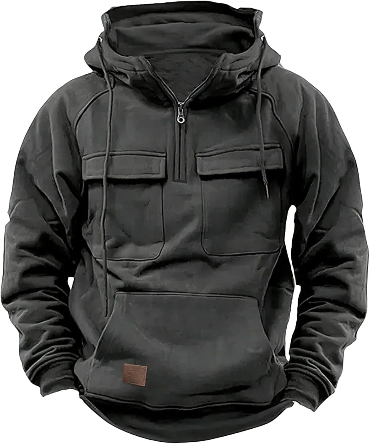 Men's Fall Quarter Zip Tactical Hooded Sweatshirt Multi Pockets Jacket Sportwear Long Sleeve Solid Pullover