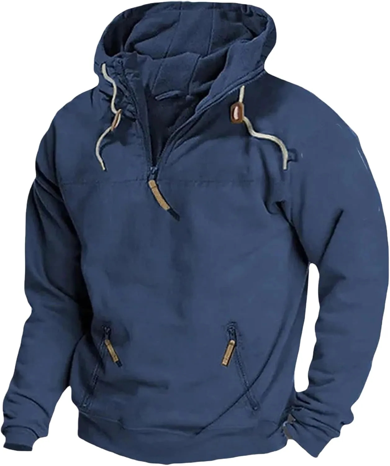 Men's Fall Quarter Zip Tactical Hooded Sweatshirt Multi Pockets Jacket Sportwear Long Sleeve Solid Pullover