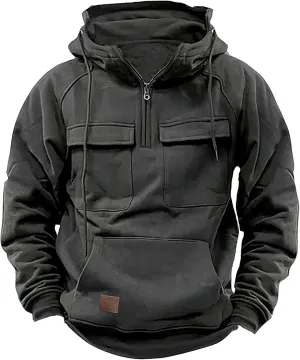 Men's Fall Quarter Zip Tactical Hooded Sweatshirt Multi Pockets Jacket Sportwear Long Sleeve Solid Pullover
