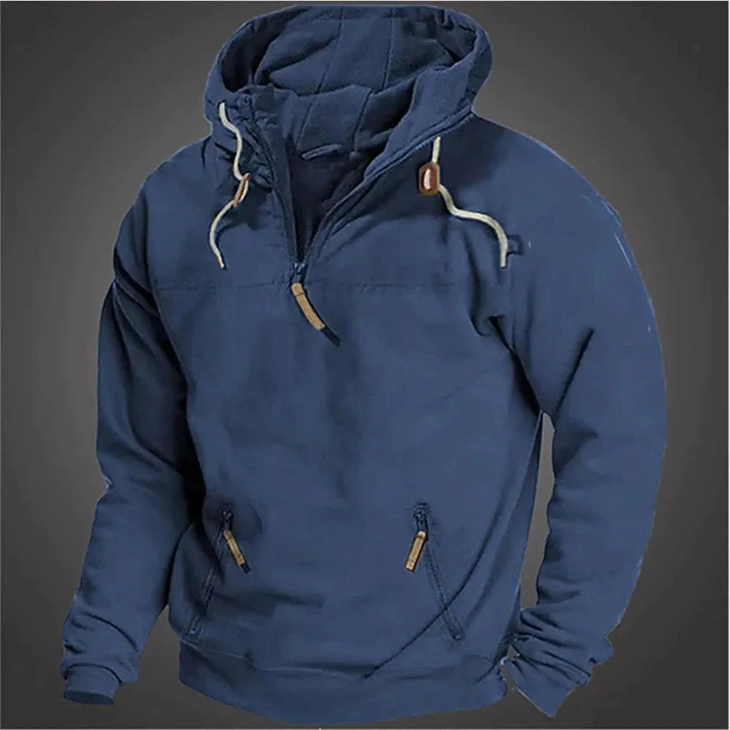 Men's Fall Quarter Zip Tactical Hooded Sweatshirt Multi Pockets Jacket Sportwear Long Sleeve Solid Pullover