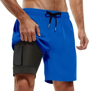 Mens Swim Trunks Palm Tree Print 9 Inch Inseam Board Shorts with Compression Liner Swimsuit Bathing Suit Quick Dry