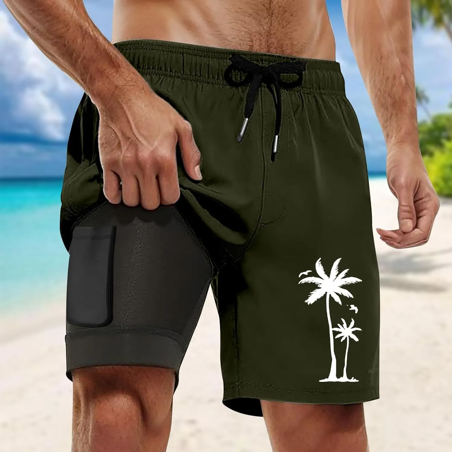 Mens Swim Trunks Quick Dry Bathing Suit with Compression Liner 5.5" Inseam Coconut Tree Print Beach Swim Shorts