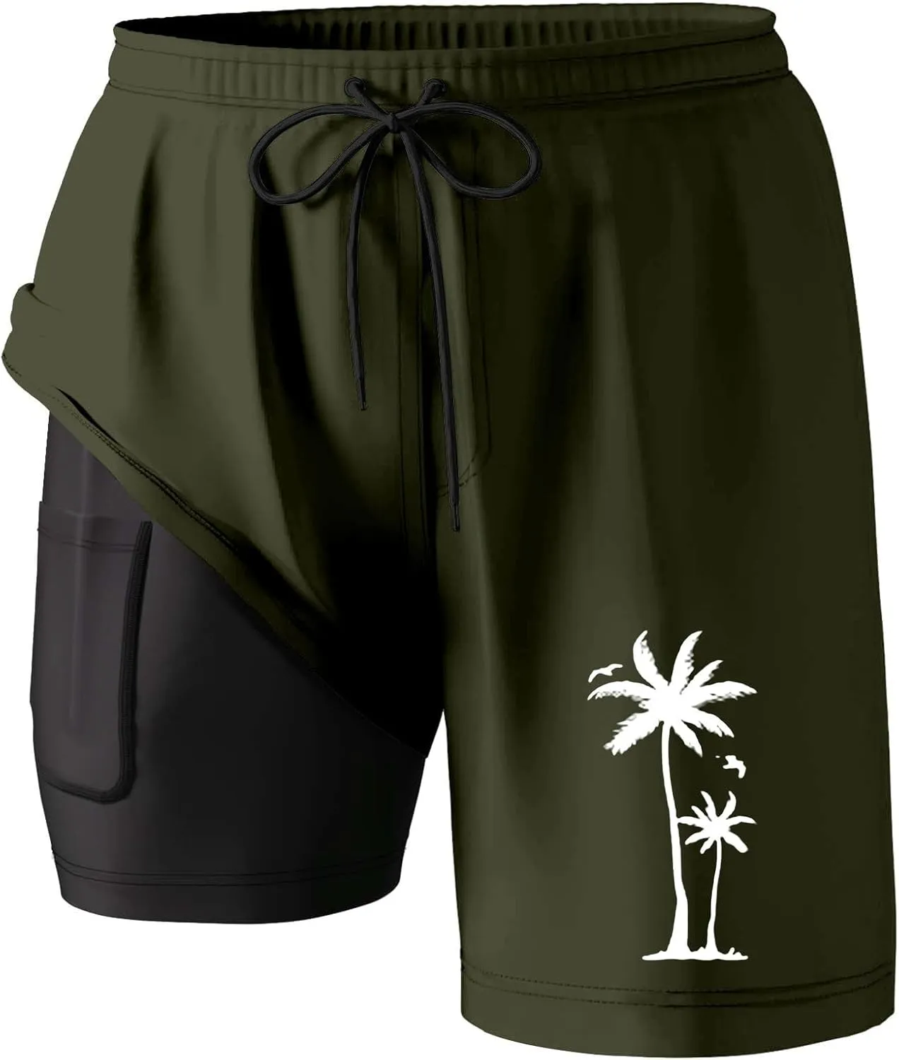 Mens Swim Trunks Quick Dry Bathing Suit with Compression Liner 5.5" Inseam Coconut Tree Print Beach Swim Shorts