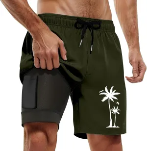 Mens Swim Trunks Quick Dry Bathing Suit with Compression Liner 5.5" Inseam Coconut Tree Print Beach Swim Shorts