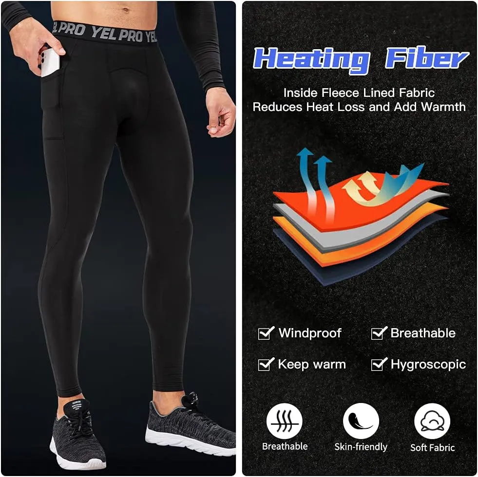 Mens Thermal Pants Underwear Warm Pants with Pocket Running Leggings Trainning Quick Dry Compression Tights Leggings