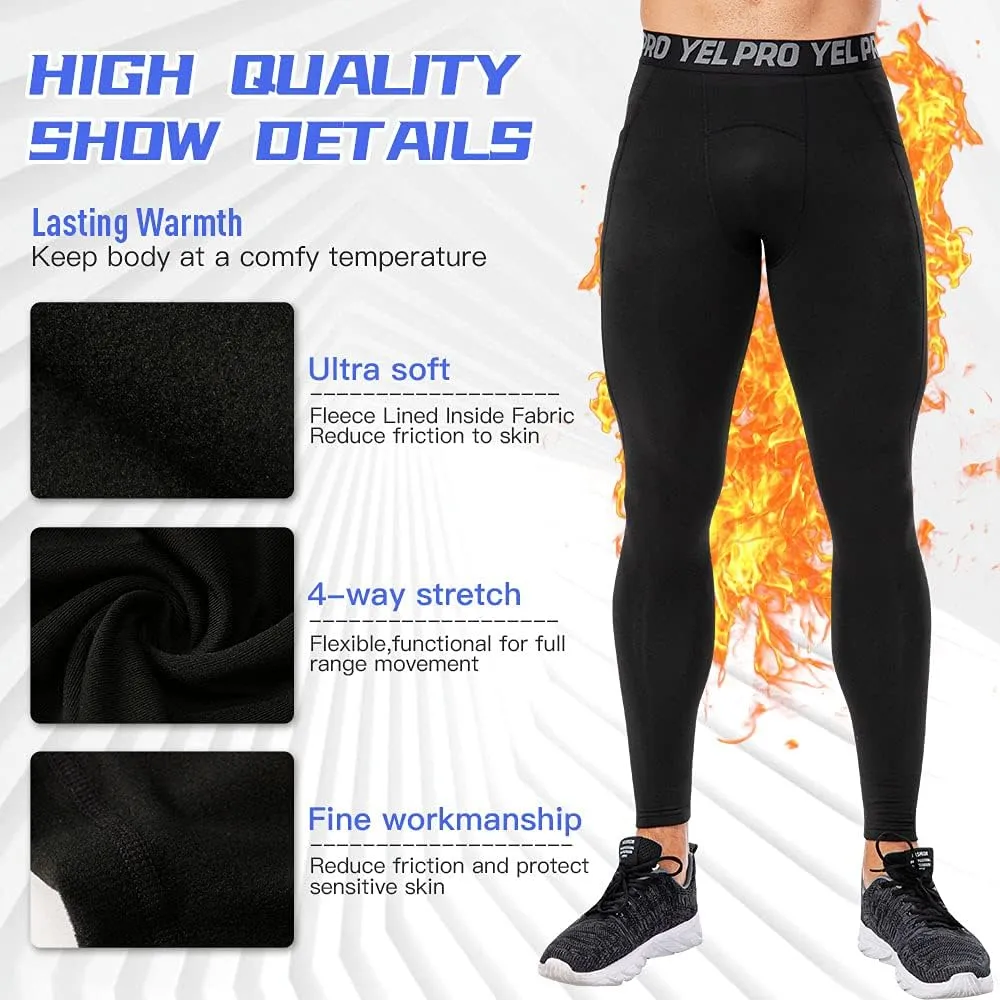 Mens Thermal Pants Underwear Warm Pants with Pocket Running Leggings Trainning Quick Dry Compression Tights Leggings