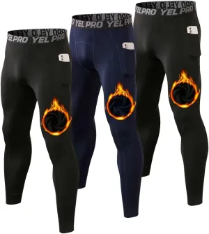 Mens Thermal Pants Underwear Warm Pants with Pocket Running Leggings Trainning Quick Dry Compression Tights Leggings
