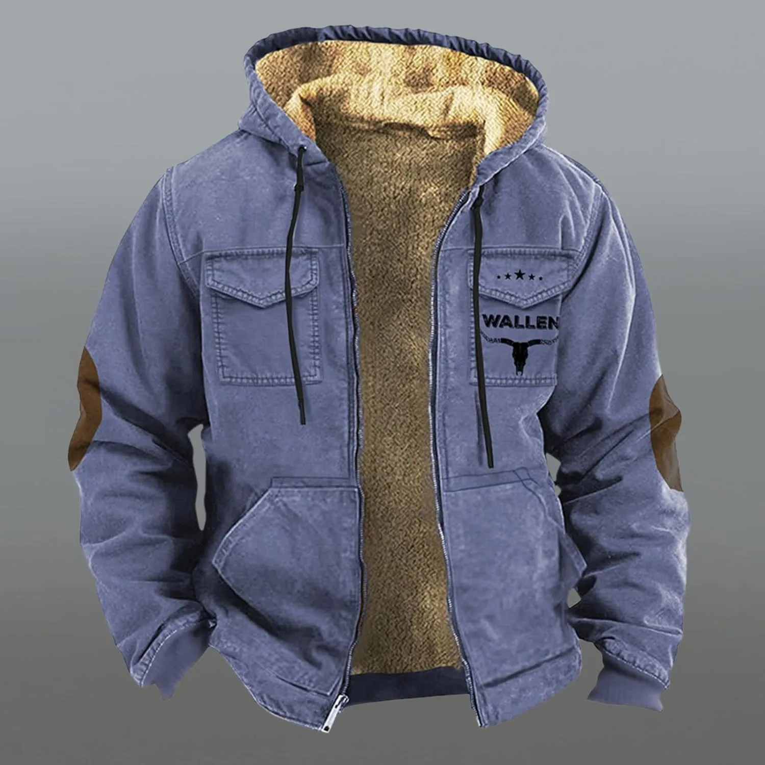 Mens Velvet Thickened Double Pocket Western Cow 3D Printed Hooded Brown Warm Cotton Jacket