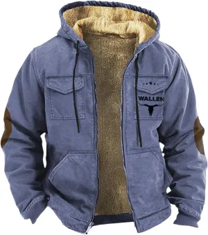 Mens Velvet Thickened Double Pocket Western Cow 3D Printed Hooded Brown Warm Cotton Jacket