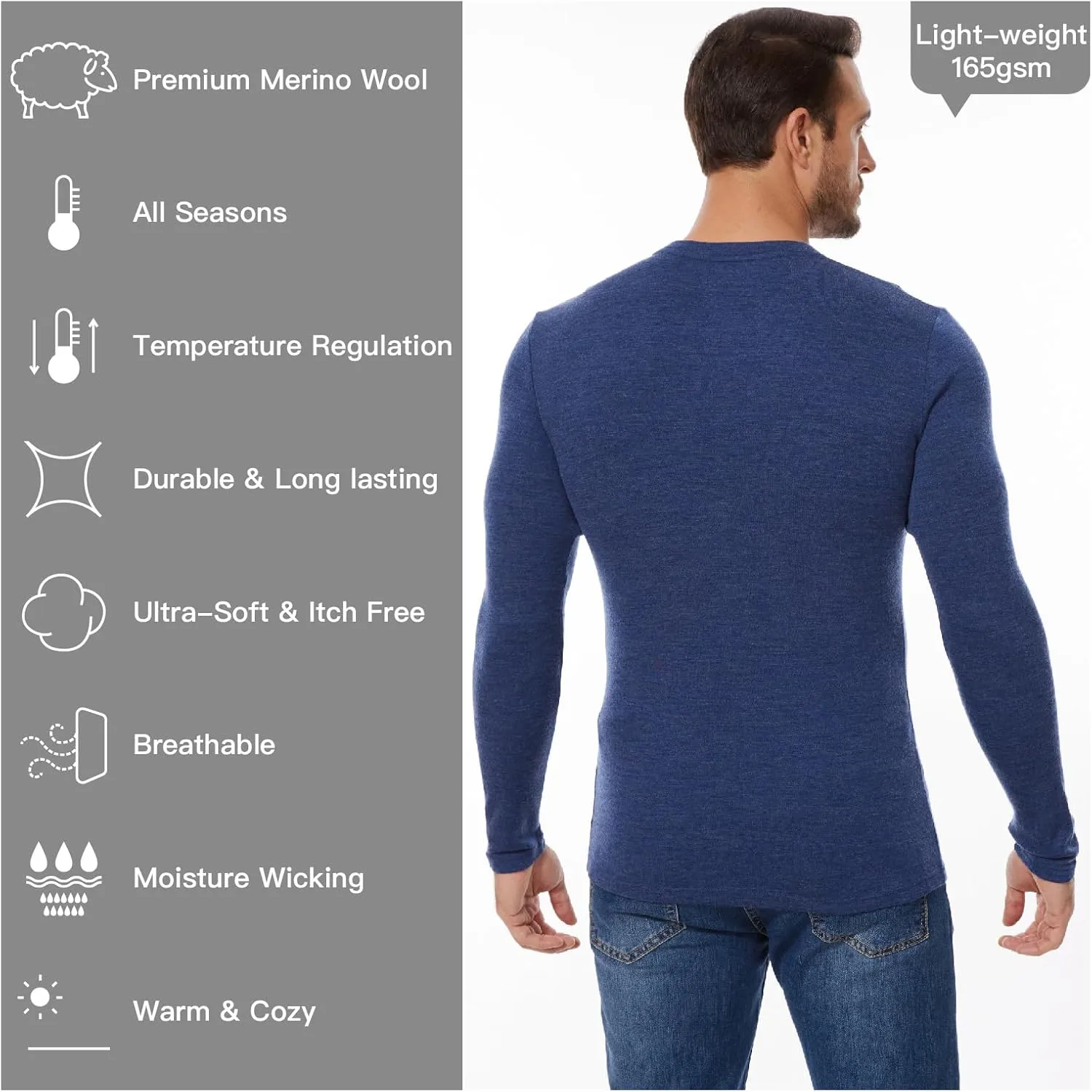 MERINNOVATION Merino Wool Base Layer Mens 100% Merino LS Thermal Shirts for Hiking Hunting,Lite, Midweight