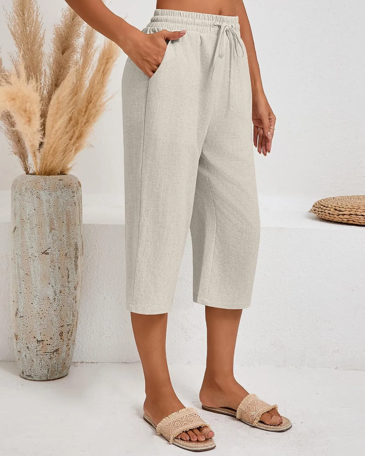 Neer 2 Pack Women's Linen Capri Pants Basics Wide Leg Casual Loose Drawstring Elasticated Beach Capris Pant with Pocket