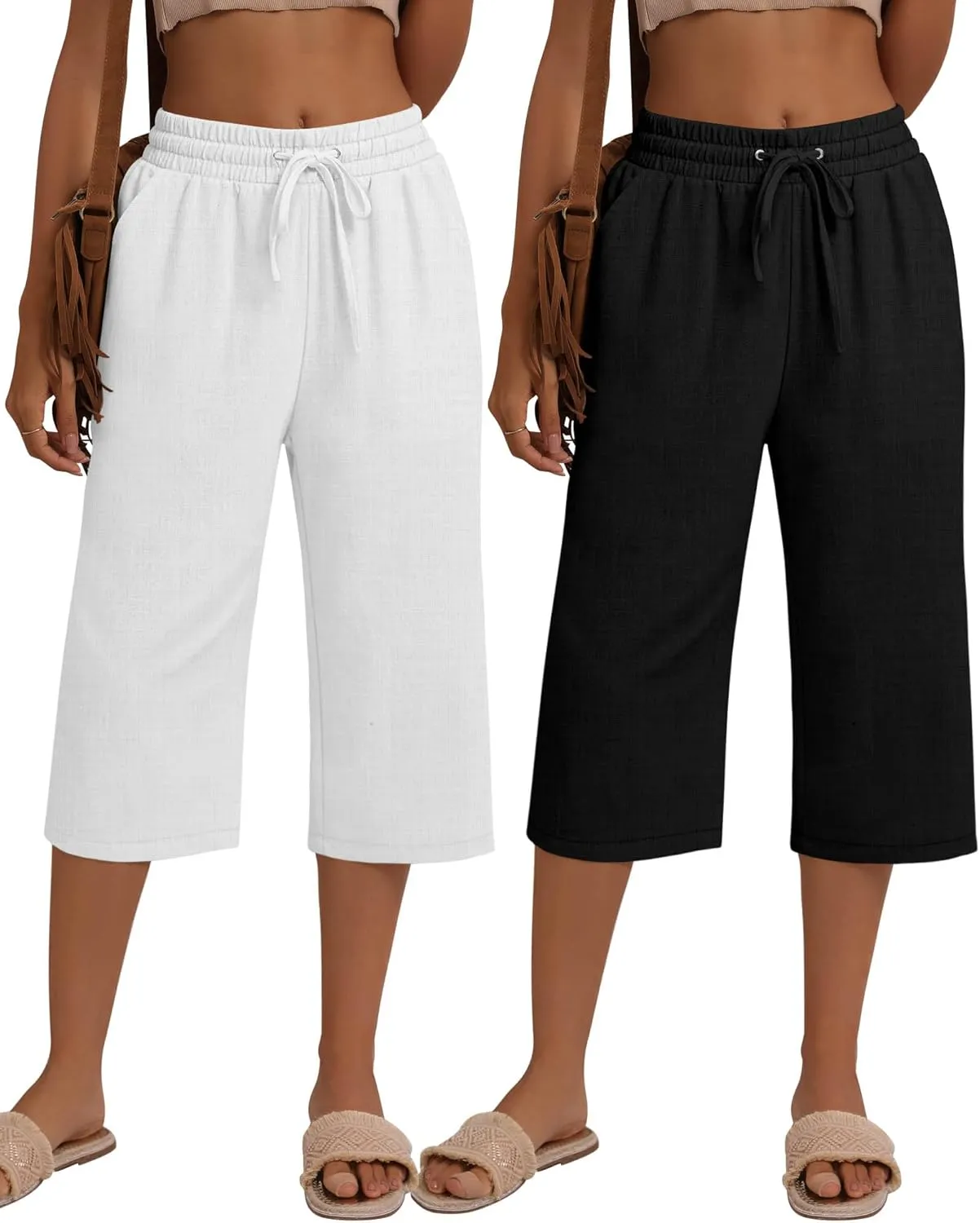 Neer 2 Pack Women's Linen Capri Pants Basics Wide Leg Casual Loose Drawstring Elasticated Beach Capris Pant with Pocket