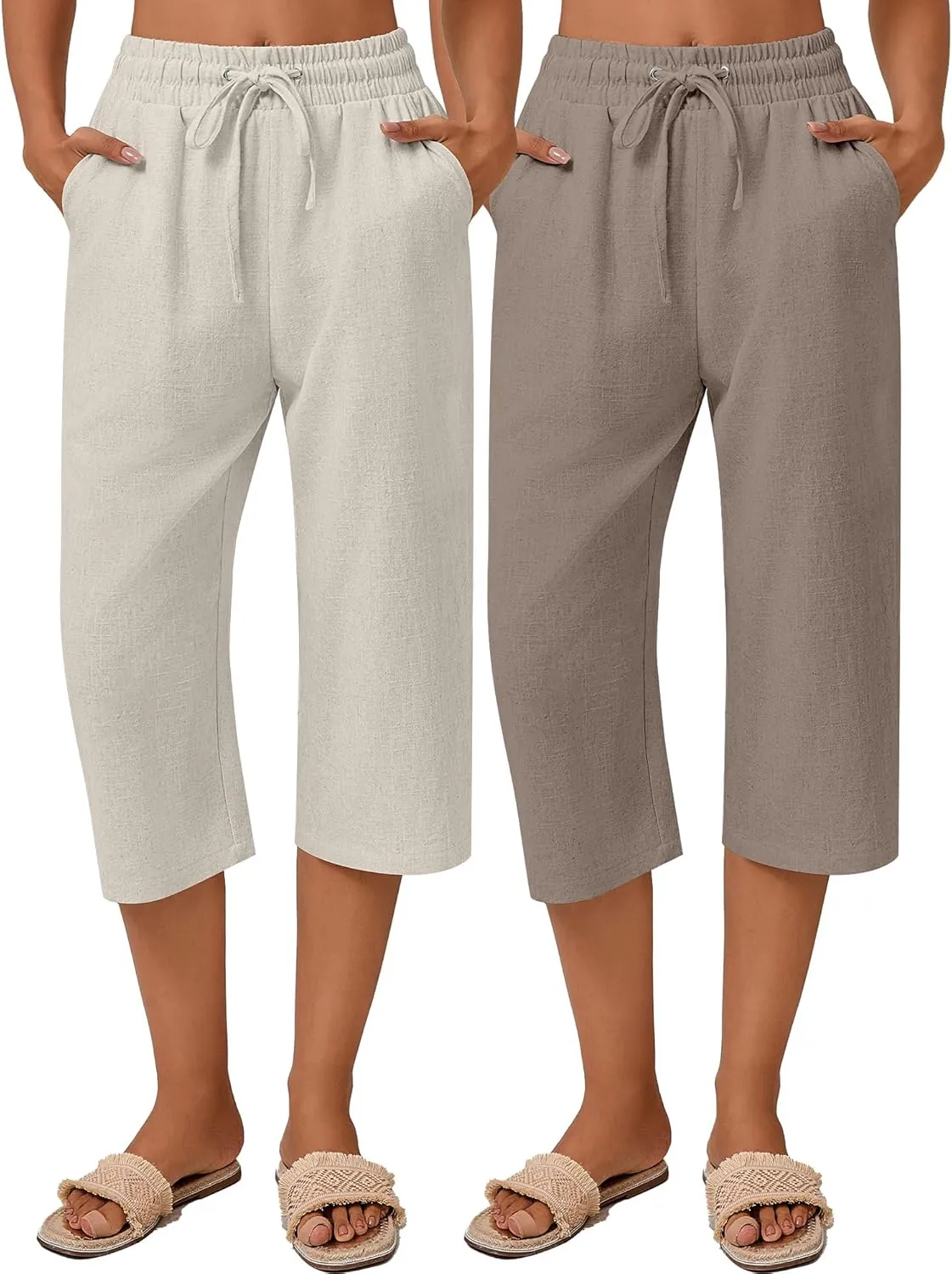 Neer 2 Pack Women's Linen Capri Pants Basics Wide Leg Casual Loose Drawstring Elasticated Beach Capris Pant with Pocket