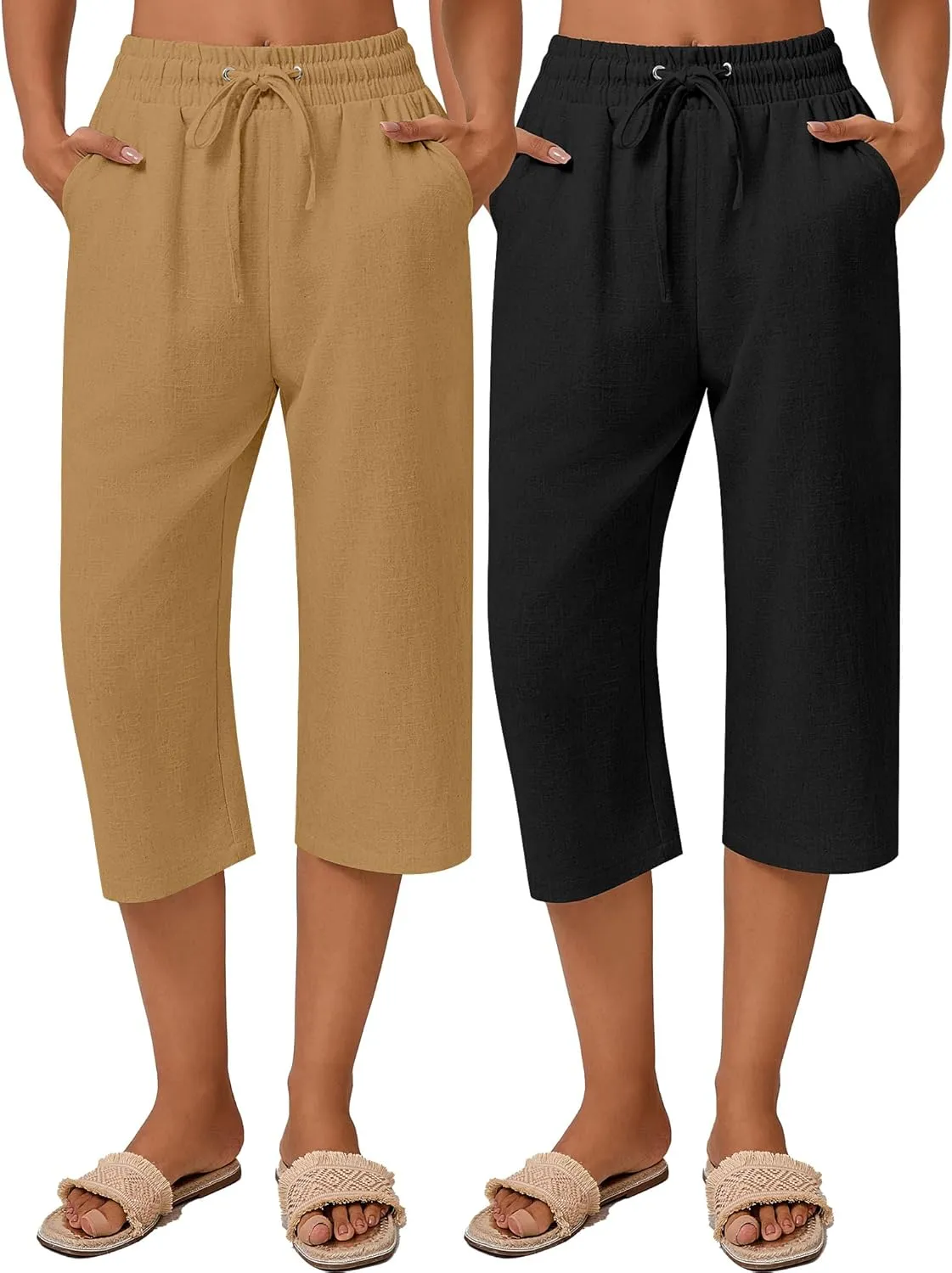Neer 2 Pack Women's Linen Capri Pants Basics Wide Leg Casual Loose Drawstring Elasticated Beach Capris Pant with Pocket
