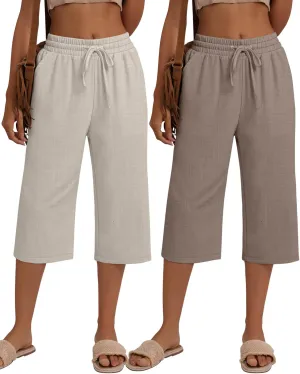 Neer 2 Pack Women's Linen Capri Pants Basics Wide Leg Casual Loose Drawstring Elasticated Beach Capris Pant with Pocket