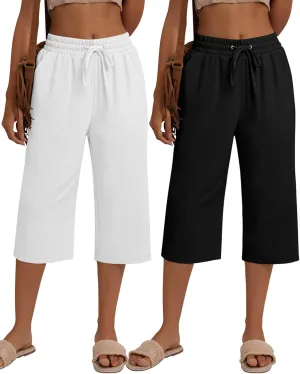 Neer 2 Pack Women's Linen Capri Pants Basics Wide Leg Casual Loose Drawstring Elasticated Beach Capris Pant with Pocket