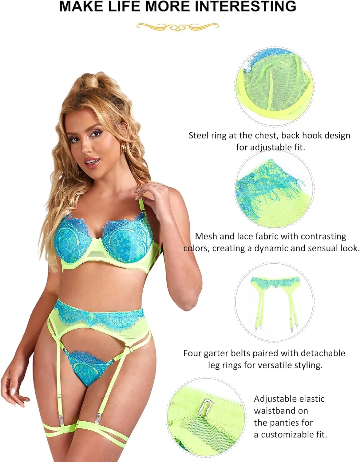 ohyeah Women Embroidery Lingerie Set with Garter Belt Lace Bra and Panty 4 Piece Garter Lingerie(No Stocking)