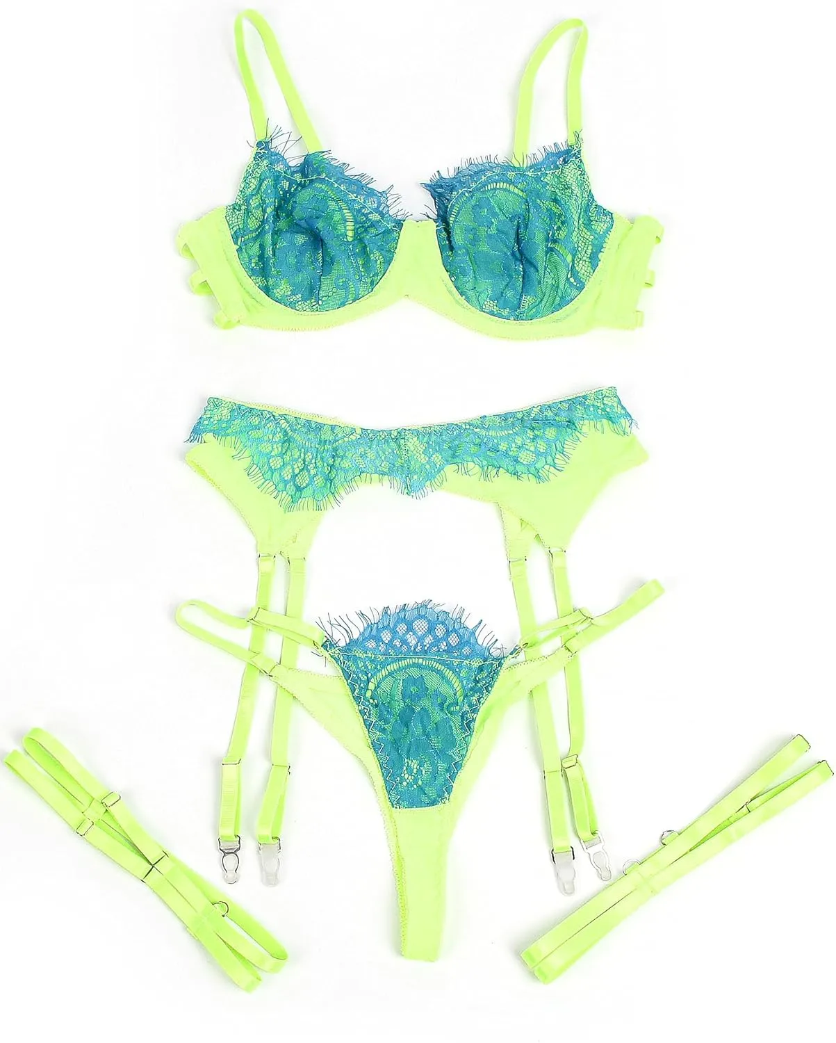 ohyeah Women Embroidery Lingerie Set with Garter Belt Lace Bra and Panty 4 Piece Garter Lingerie(No Stocking)