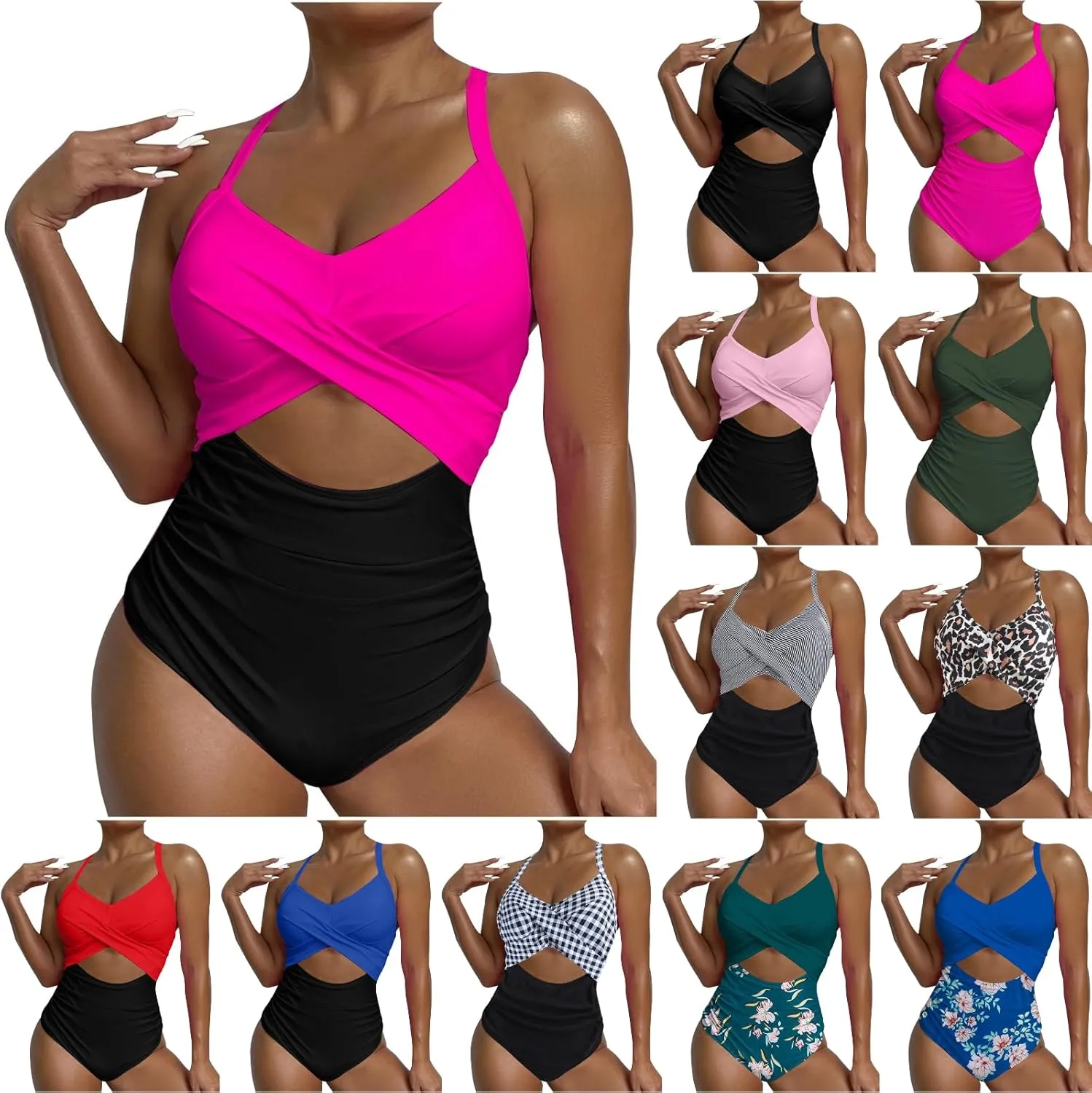 One Piece Swimsuit Women Sexy Tummy Control Cutout High Waisted Bathing Suit Halter Neck Criss Cross Back Swimsuits