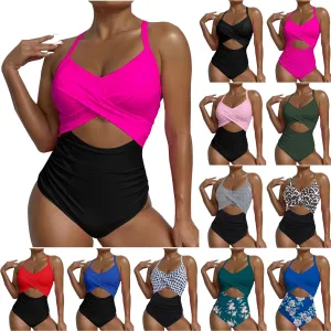 One Piece Swimsuit Women Sexy Tummy Control Cutout High Waisted Bathing Suit Halter Neck Criss Cross Back Swimsuits