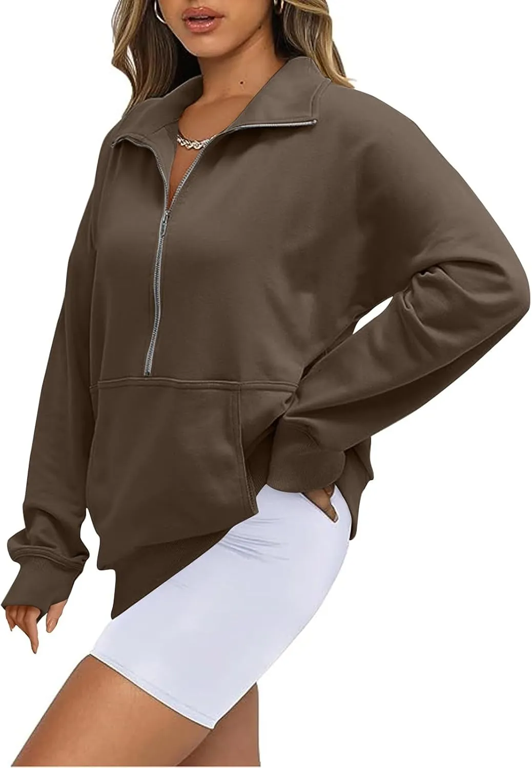 Oversized Sweatshirt for Women Trendy Long Sleeve Fleece Half Zip Pullover Preppy Fall Cropped Sweatshirt Thumb Hole