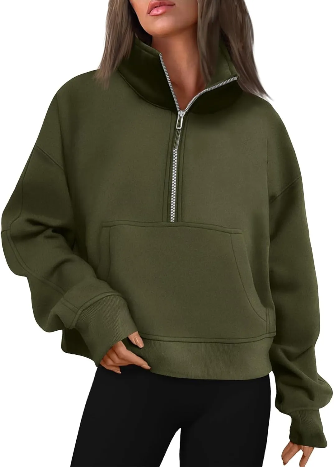 Oversized Sweatshirt for Women Trendy Long Sleeve Fleece Half Zip Pullover Preppy Fall Cropped Sweatshirt Thumb Hole