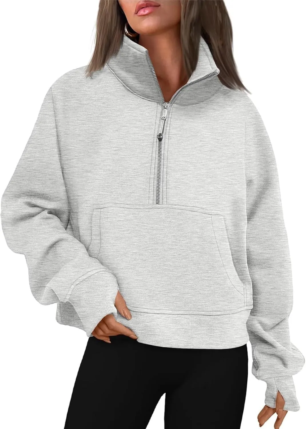 Oversized Sweatshirt for Women Trendy Long Sleeve Fleece Half Zip Pullover Preppy Fall Cropped Sweatshirt Thumb Hole