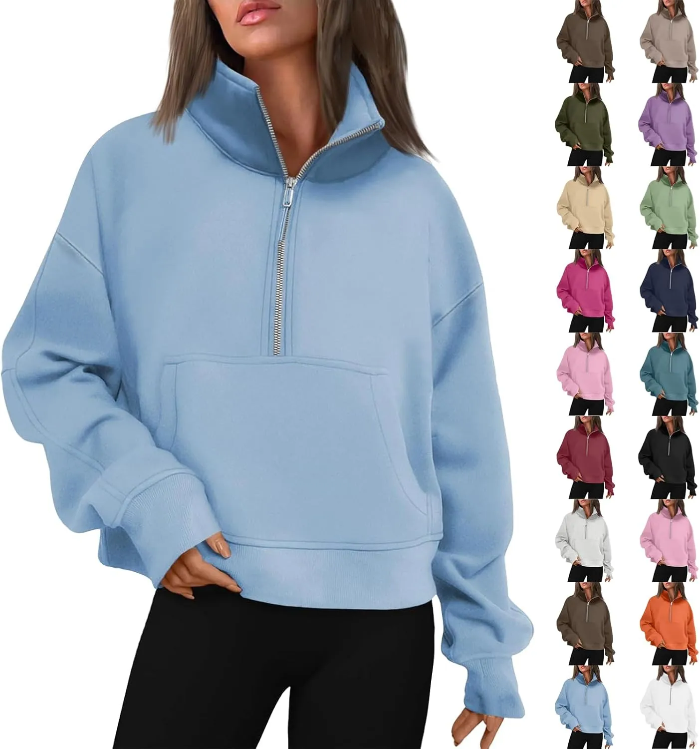 Oversized Sweatshirt for Women Trendy Long Sleeve Fleece Half Zip Pullover Preppy Fall Cropped Sweatshirt Thumb Hole