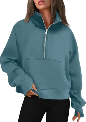 Oversized Sweatshirt for Women Trendy Long Sleeve Fleece Half Zip Pullover Preppy Fall Cropped Sweatshirt Thumb Hole