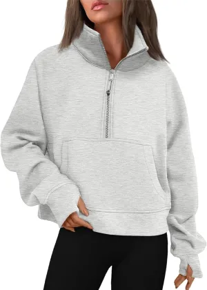 Oversized Sweatshirt for Women Trendy Long Sleeve Fleece Half Zip Pullover Preppy Fall Cropped Sweatshirt Thumb Hole