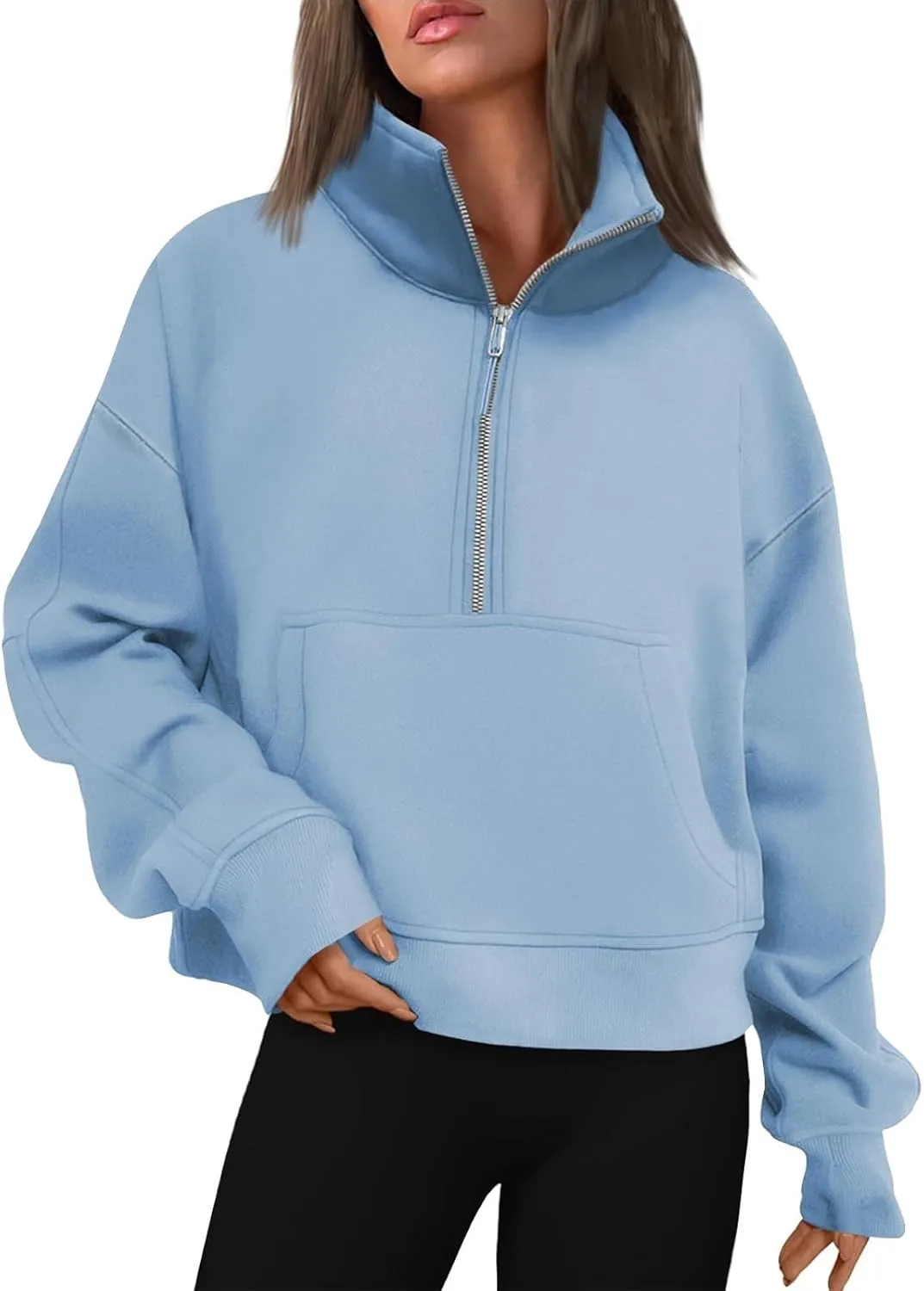 Oversized Sweatshirt for Women Trendy Long Sleeve Fleece Half Zip Pullover Preppy Fall Cropped Sweatshirt Thumb Hole