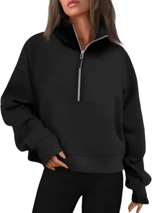 Oversized Sweatshirt for Women Trendy Long Sleeve Fleece Half Zip Pullover Preppy Fall Cropped Sweatshirt Thumb Hole