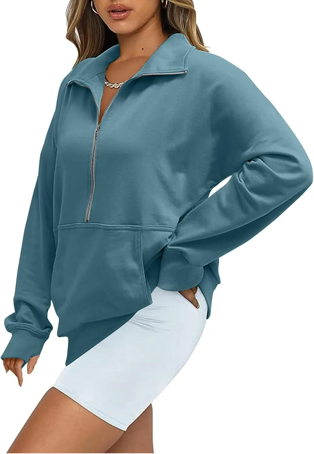 Oversized Sweatshirt for Women Trendy Long Sleeve Fleece Half Zip Pullover Preppy Fall Cropped Sweatshirt Thumb Hole