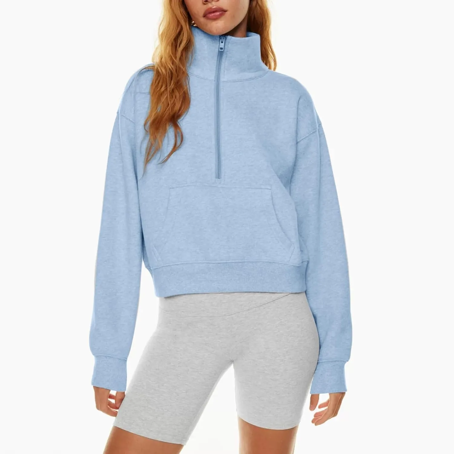 Oversized Sweatshirt for Women Trendy Long Sleeve Fleece Half Zip Pullover Preppy Fall Cropped Sweatshirt Thumb Hole
