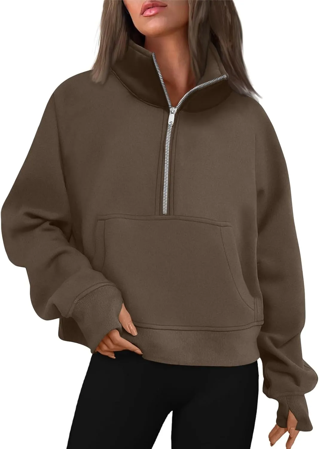 Oversized Sweatshirt for Women Trendy Long Sleeve Fleece Half Zip Pullover Preppy Fall Cropped Sweatshirt Thumb Hole