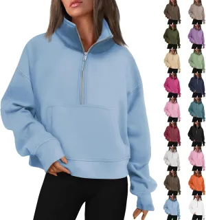 Oversized Sweatshirt for Women Trendy Long Sleeve Fleece Half Zip Pullover Preppy Fall Cropped Sweatshirt Thumb Hole