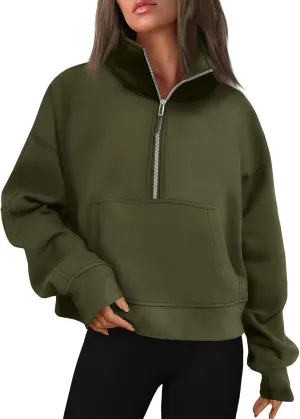 Oversized Sweatshirt for Women Trendy Long Sleeve Fleece Half Zip Pullover Preppy Fall Cropped Sweatshirt Thumb Hole
