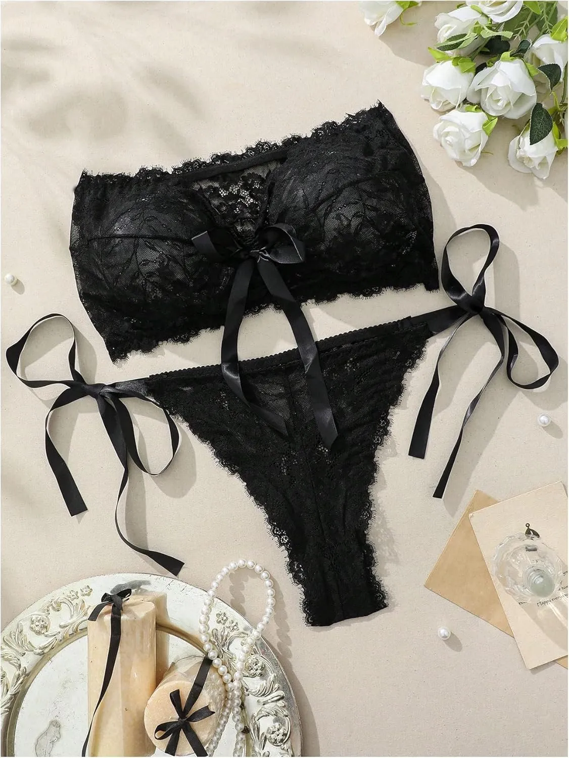 OYOANGLE Women's Plus Size 2 Piece Lace Sheer Strapless Bra and Panty Lingerie Set Babydoll Underwear