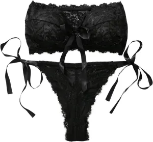 OYOANGLE Women's Plus Size 2 Piece Lace Sheer Strapless Bra and Panty Lingerie Set Babydoll Underwear