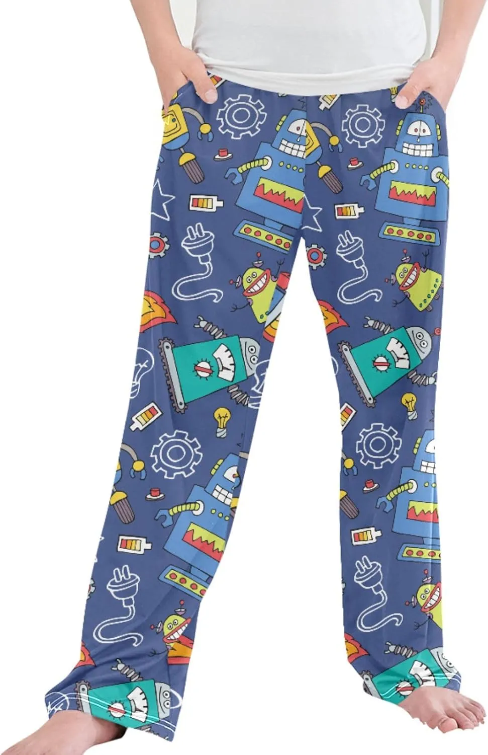 Pigsaly Boys' Pants Colored Robots Blue Long Bottoms Machine Fire Star Jogger Pants Elastic Waist Trousers with Pockets S