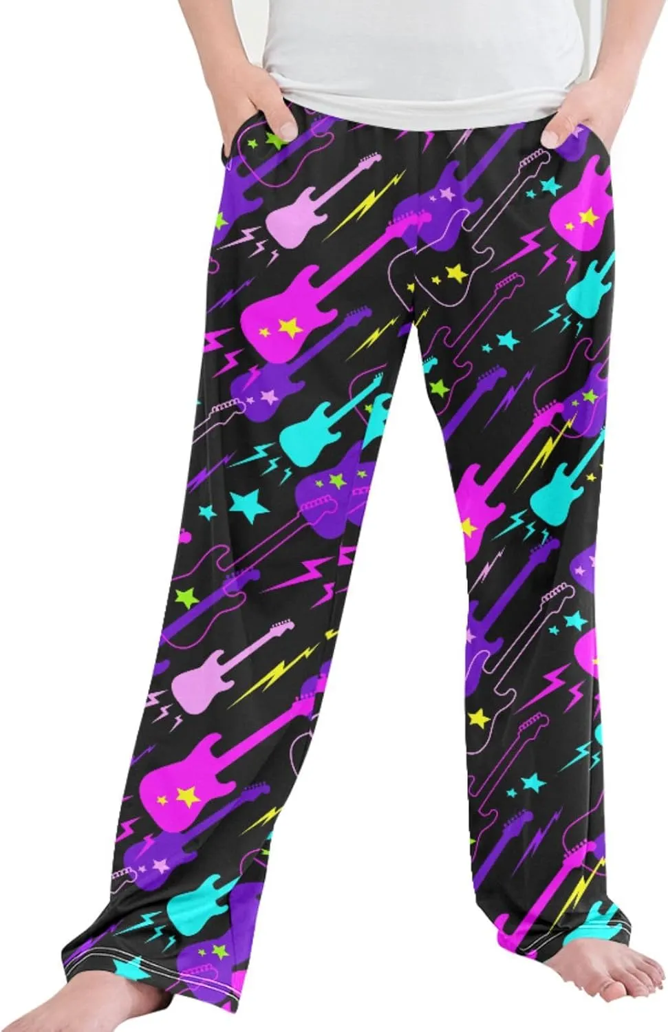 Pigsaly Boys' Pants Colorful Guitars Flash Long Bottoms Gold Stars Jogger Pants Elastic Waist Trousers with Pockets S