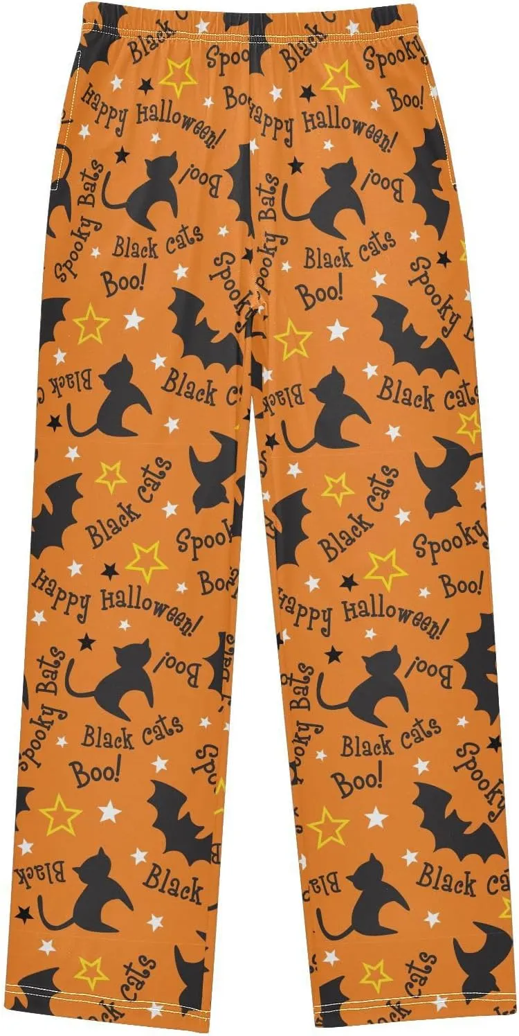 Pigsaly Boys' Pants Halloween Cats Bats Long Bottoms Orange Stars Jogger Pants Elastic Waist Trousers With Pockets S