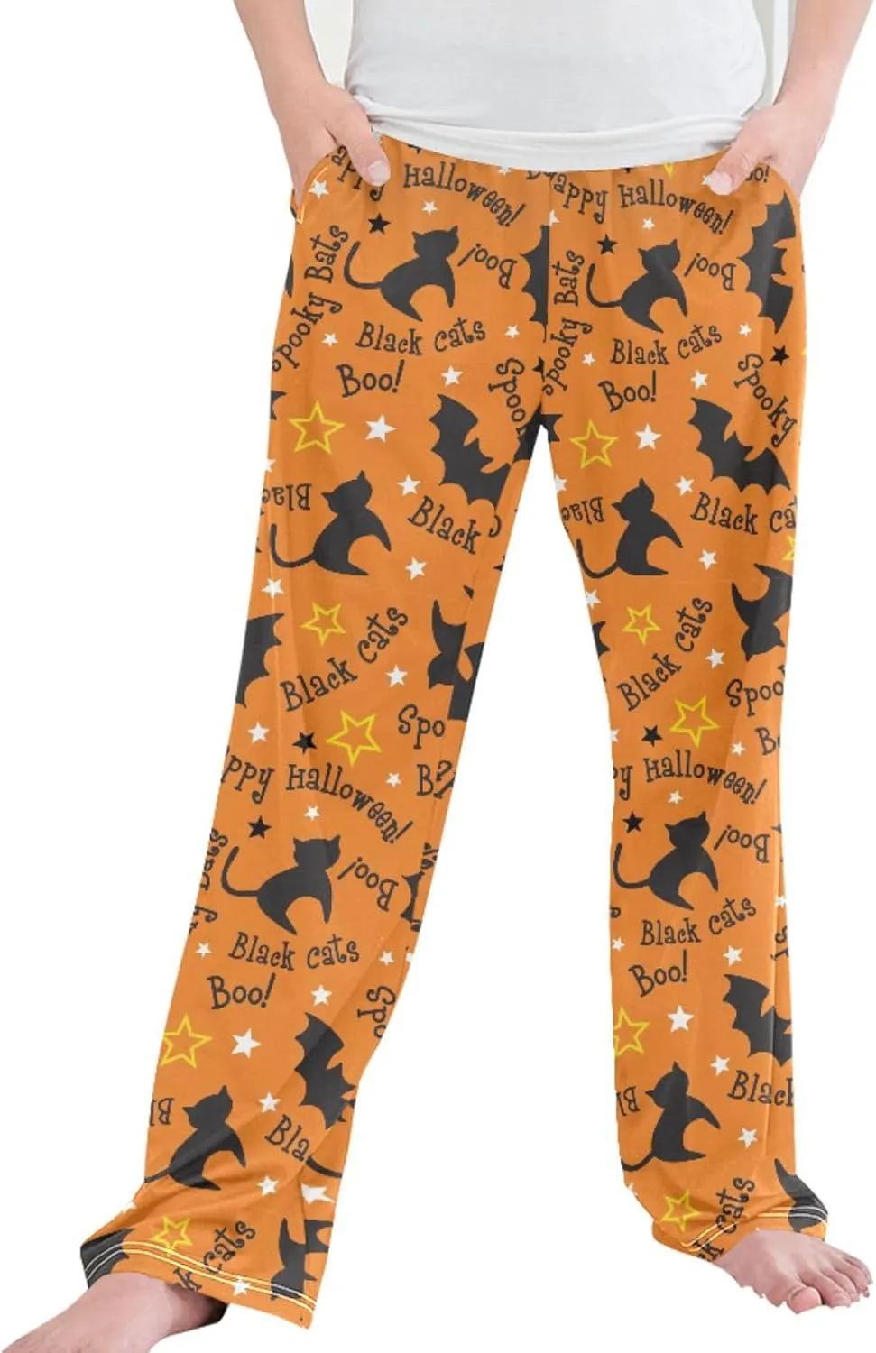 Pigsaly Boys' Pants Halloween Cats Bats Long Bottoms Orange Stars Jogger Pants Elastic Waist Trousers With Pockets S