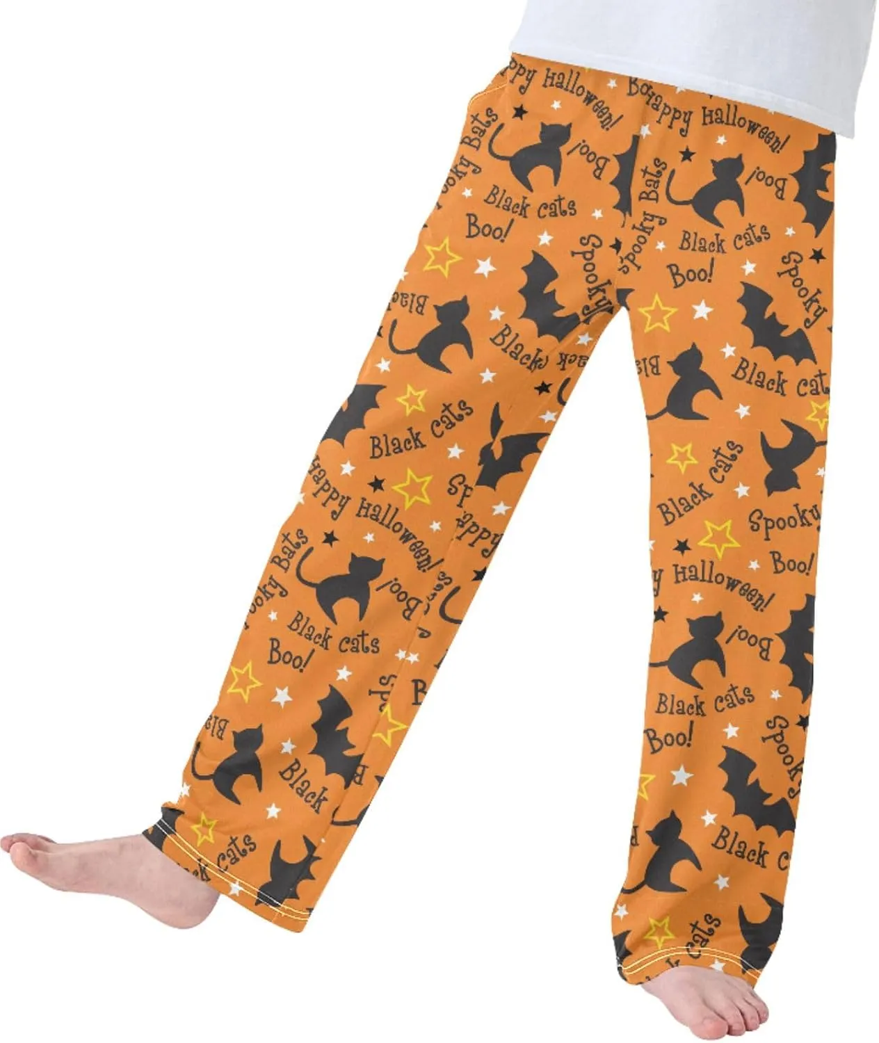 Pigsaly Boys' Pants Halloween Cats Bats Long Bottoms Orange Stars Jogger Pants Elastic Waist Trousers With Pockets S