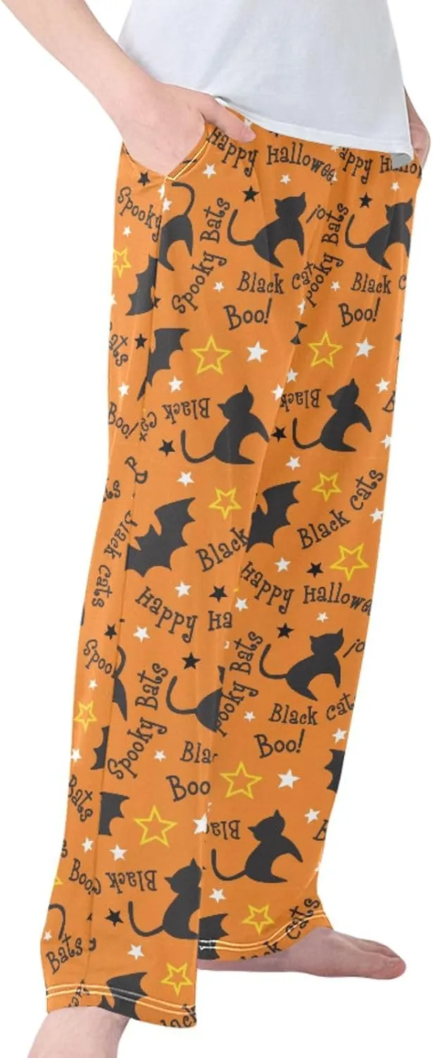 Pigsaly Boys' Pants Halloween Cats Bats Long Bottoms Orange Stars Jogger Pants Elastic Waist Trousers With Pockets S