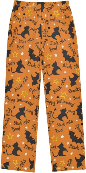 Pigsaly Boys' Pants Halloween Cats Bats Long Bottoms Orange Stars Jogger Pants Elastic Waist Trousers With Pockets S