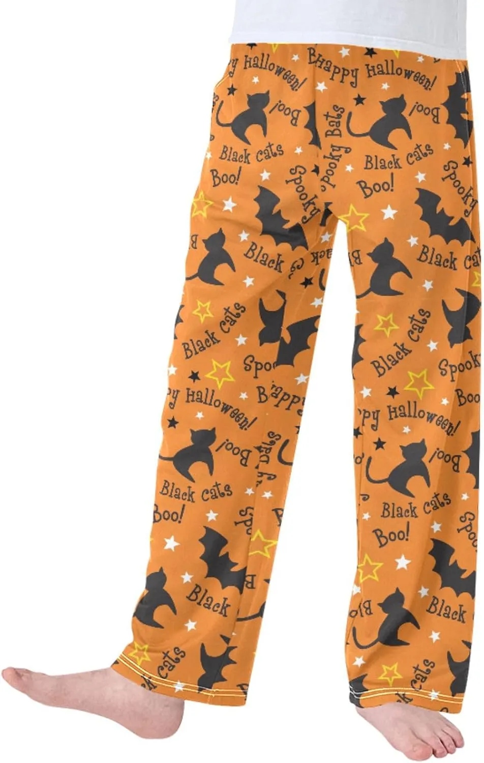 Pigsaly Boys' Pants Halloween Cats Bats Long Bottoms Orange Stars Jogger Pants Elastic Waist Trousers With Pockets S